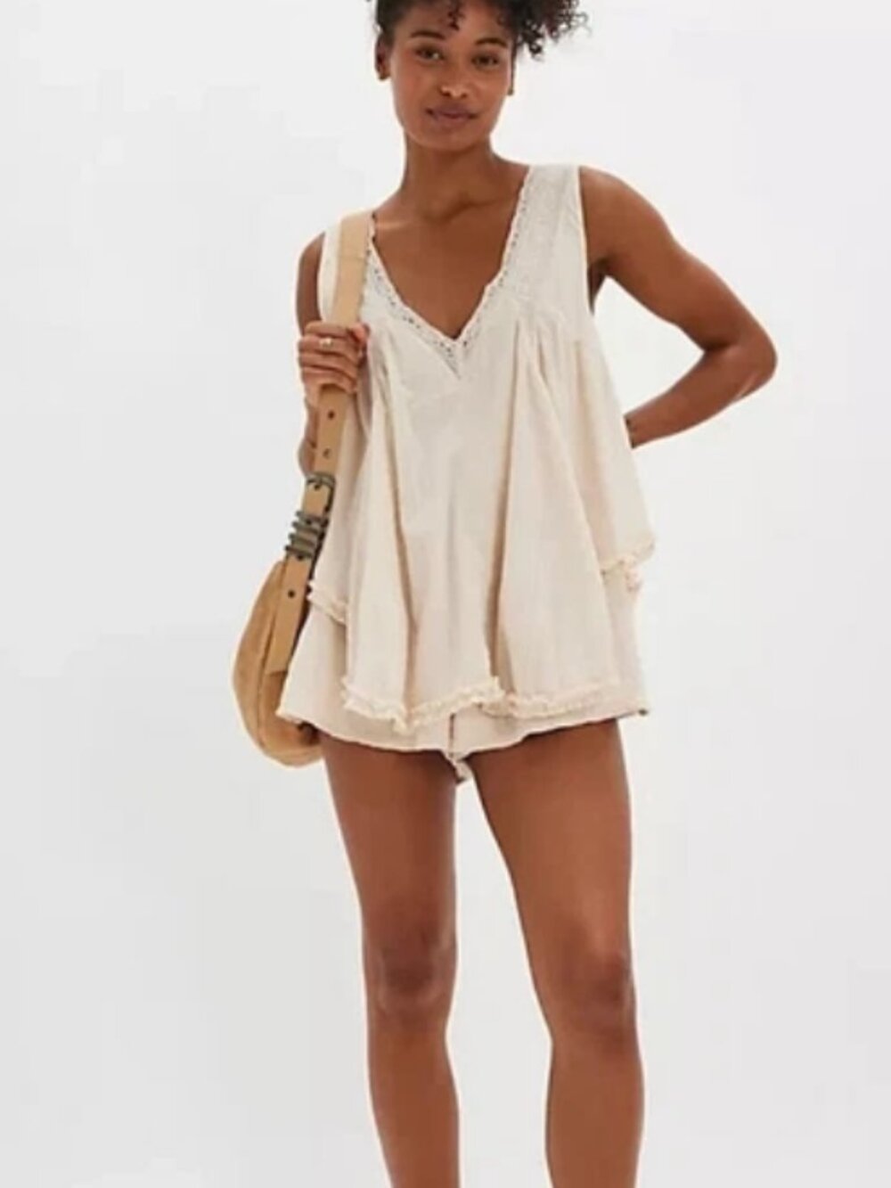 Free People Geneva Romper V Neck Sleeveless Tea Crochet Lace M